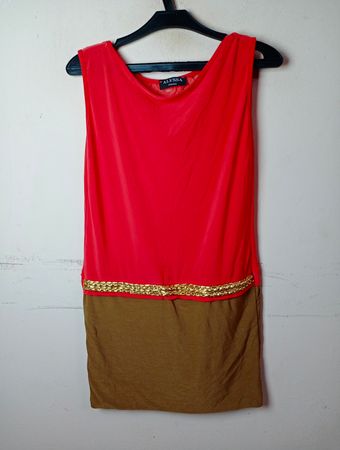 Alyssa Paris Red and Brown Dress with Gold Belt Detail