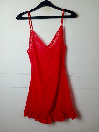 Red Lace Trim Slip Dress