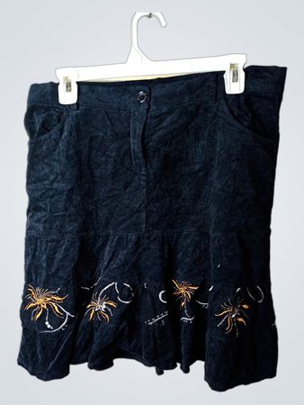 Dark Blue Corduroy Skirt with Embroidered Hem