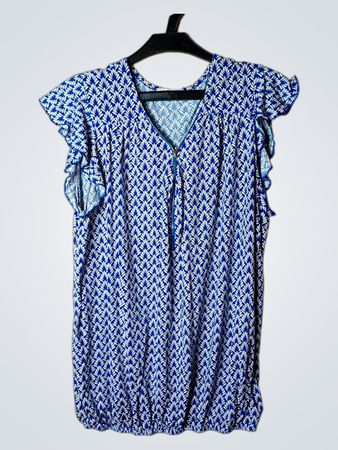 Cache Cache Blau Weiß Geometrischer Druck Flatterärmel Reißverschluss Oberteil