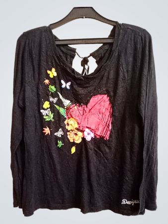 Desigual Langarm Schwarz Herz Grafik T-Shirt