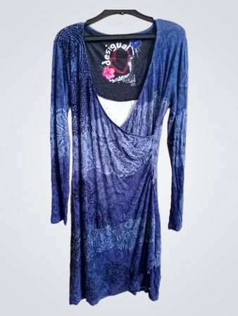 Desigual Damen Blau Gemustertes Langarmkleid