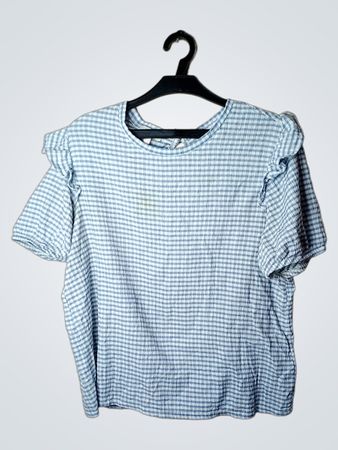 C&A Blaues Karomuster Rüschensleeve Top
