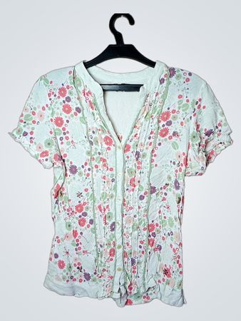 Blaues florales Muster Kurzarm V-Ausschnitt Bluse