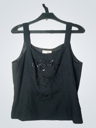 Schwarzes Tanktop mit Pailletten und perlenbesticktem Blumenmuster