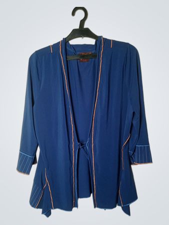 Iber Damen Blaue Strickjacke mit orangefarbener Borte
