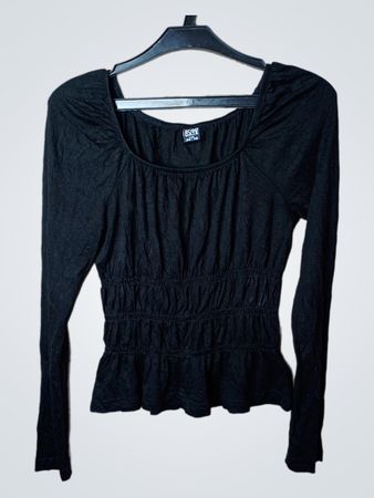 BLIND DATE Schwarzes gerafftes Langarm-Peplum-Oberteil Größe 34/XS