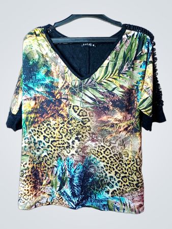 Breal Damen Schwarzes Tropenmuster V-Ausschnitt T-Shirt