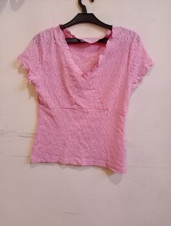 Odessa Damen rosa Spitzen Kurzarm V-Ausschnitt Oberteil