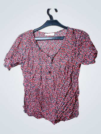 S&Y Damen Rotes Floral Print Crinkle Kurzarm Button-Up Top