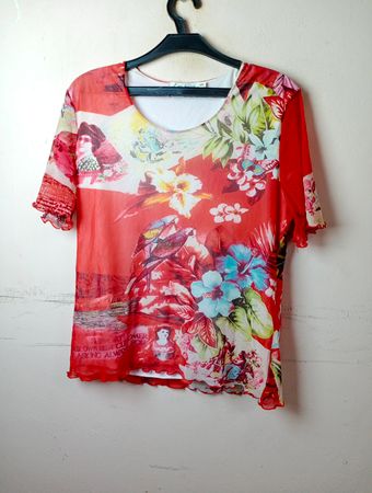 Lisa Tossa Red Floral Print Sheer Mesh Top