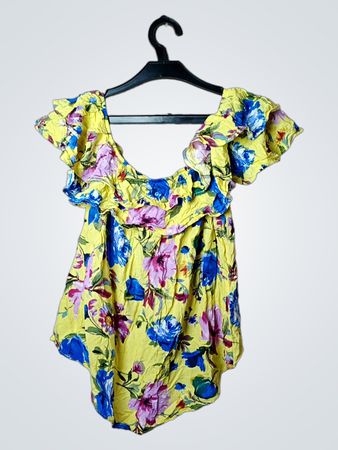 Pícara Gelb Blumenkimono Off-the-Shoulder Rüschenshirt