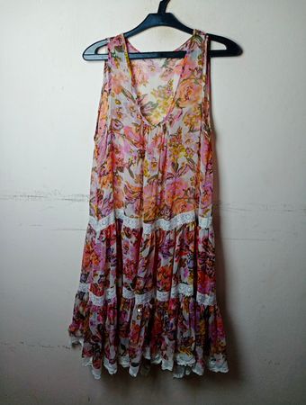 MARIA GRANDES Floral Print Tiered Lace Trim Dress