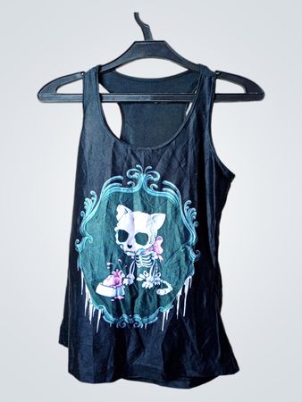 Schwarzes Tanktop mit Skelettkatzen-Grafik