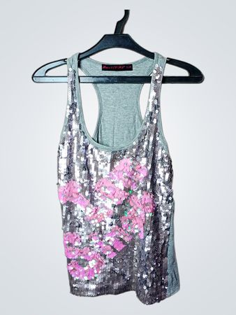Shepherd & Girl Grau Pailletten & Pink Blumen Tanktop