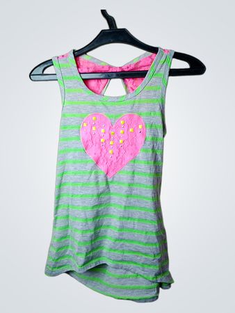 RMLA Mädchen Graues und Grünes Gestreiftes Tanktop mit Pinkem Herzornament