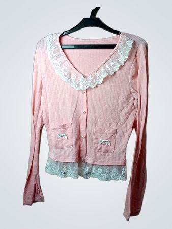 Romwe Pink Lace Trim Cardigan