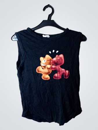 Schwarzes ärmelloses T-Shirt mit Grafik von Cartoonbären