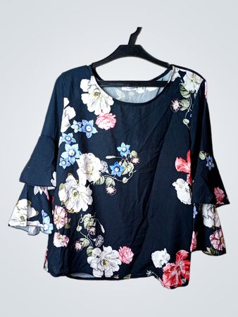 Kardiyse Jededesign Schwarze Florale Glockenärmel Bluse