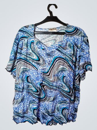 MV-Modus Frauen Blau Wirbel-Druck V-Ausschnitt T-Shirt