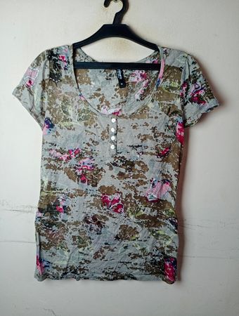 COLOURS OF THE WORLD Graues Blumendruck Kurzarm Hemd T-Shirt