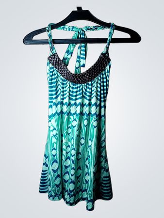 SAMISU Damen Grün Blau Gemustertes Halterneck Kleid