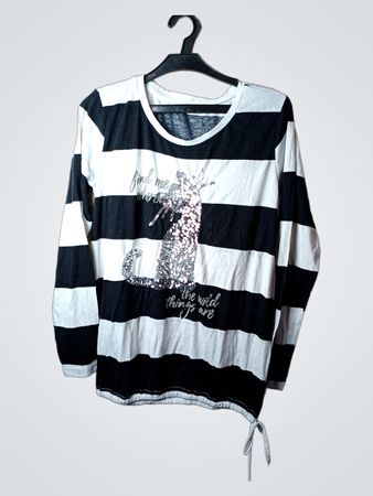 Jonho Schwarz und Weiß Gestreiftes Langarm-T-Shirt mit Paillettenkatzen-Grafik