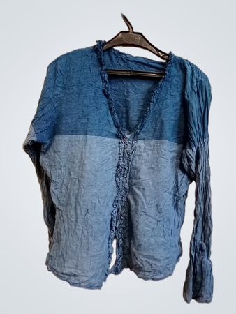 BROADWAY 100% Baumwolle Blau und Hellblau Zweifarbiger Zerknitterter Rüschen V-Ausschnitt Cardigan