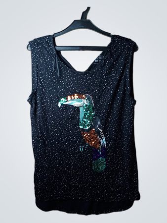 Schwarzes ärmelloses Oberteil mit Tukan und Glitzerdetails