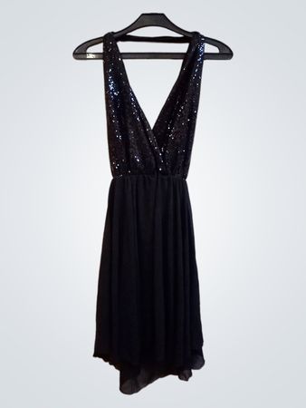 Schwarzes, mit Pailletten besetztes V-Ausschnitt-Kleid