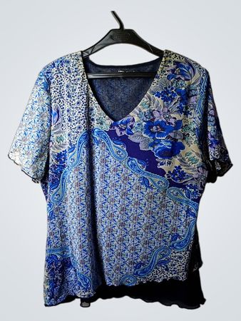 Blaues florales Paisleymuster V-Ausschnitt Top