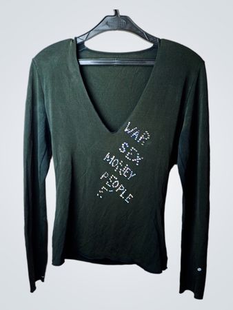 Dunkelgrünes Langarm-V-Ausschnitt-Shirt mit Strassschriftzug