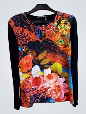 Punt Roma Schwarzes Langarm-T-Shirt mit Blumenmuster