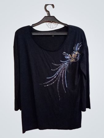 Schwarzes Langarm-T-Shirt mit Vogelstickerei