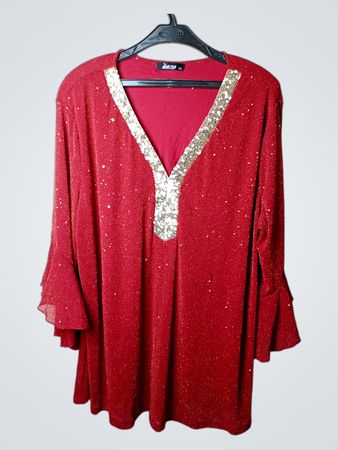 Rotes Pailletten-Oberteil mit V-Ausschnitt und Glockenärmeln
