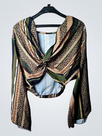 Damen bedrucktes Twist-Front Crop-Top mit Glockenärmeln