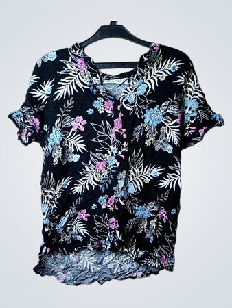 JANINA schwarzes T-Shirt mit Blumenmuster und kurzen Ärmeln