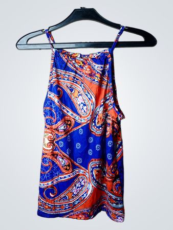 Blaues und orangefarbenes Paisley-Print Neckholder-Top