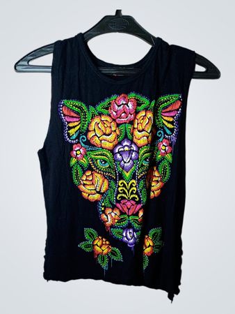 Schwarzes ärmelloses Shirt mit besticktem floralen Tigerkopf
