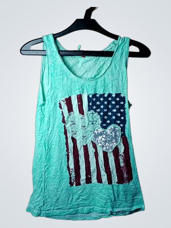 Teal Tanktop mit amerikanischer Flagge und Herzdesign