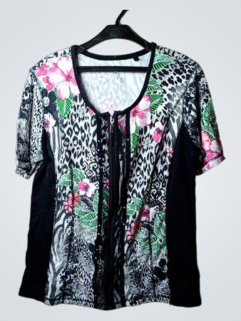 Damen-Bluse mit kurzem Arm und Reißverschluss mit Blumen- und Animalprint