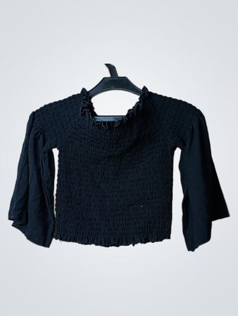 Schwarzes gerafftes Off-Shoulder-Oberteil mit Trompetenärmeln