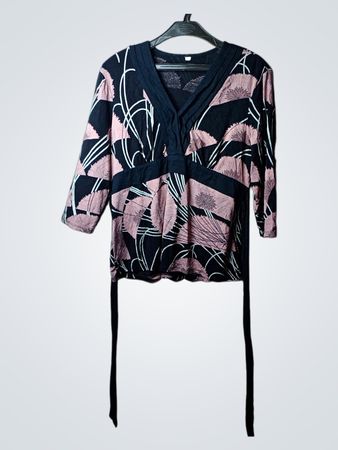 Schwarz-rosa Blütenmuster V-Ausschnitt Top mit Bindeband
