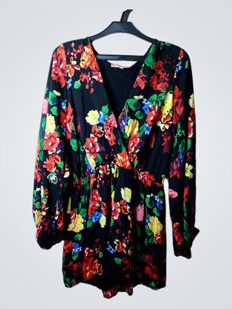 Damen Jumpsuit mit V-Ausschnitt, langen Ärmeln und schwarzem Blumenmuster
