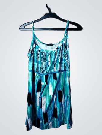 Blaues und grünes abstraktes Print-Spaghetti-Trägerkleid