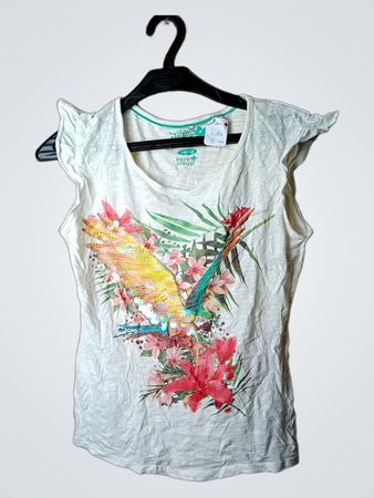 Weißes T-Shirt mit Papagei- und Blumenprint