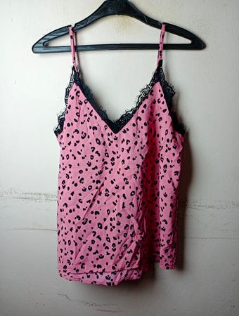 Rosa Leopardenmuster-Camisole mit schwarzer Spitzenverzierung