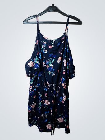 Damen Jumpsuit in Dunkelblau mit Blumenmuster und Cut-Out-Schulter