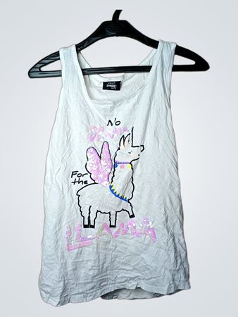 Weißes Tanktop mit Pailletten-Lama-Grafik und Aufschrift "No drama for the llama