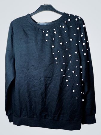 Schwarzes Sweatshirt mit Rundhalsausschnitt und Perlenverzierung